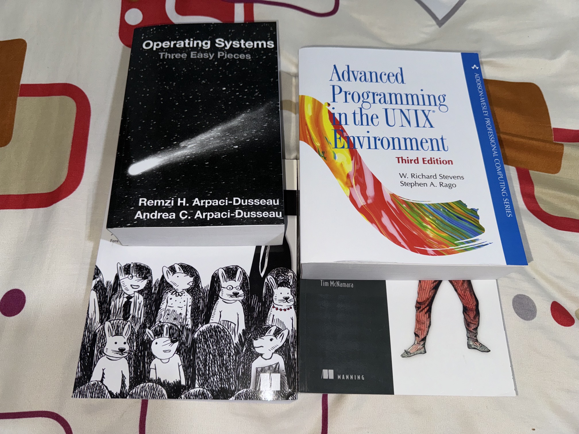 Copies of Operating Systems: Three Easy Pieces and Advanced Programming in the UNIX Environment resting on top of other books.